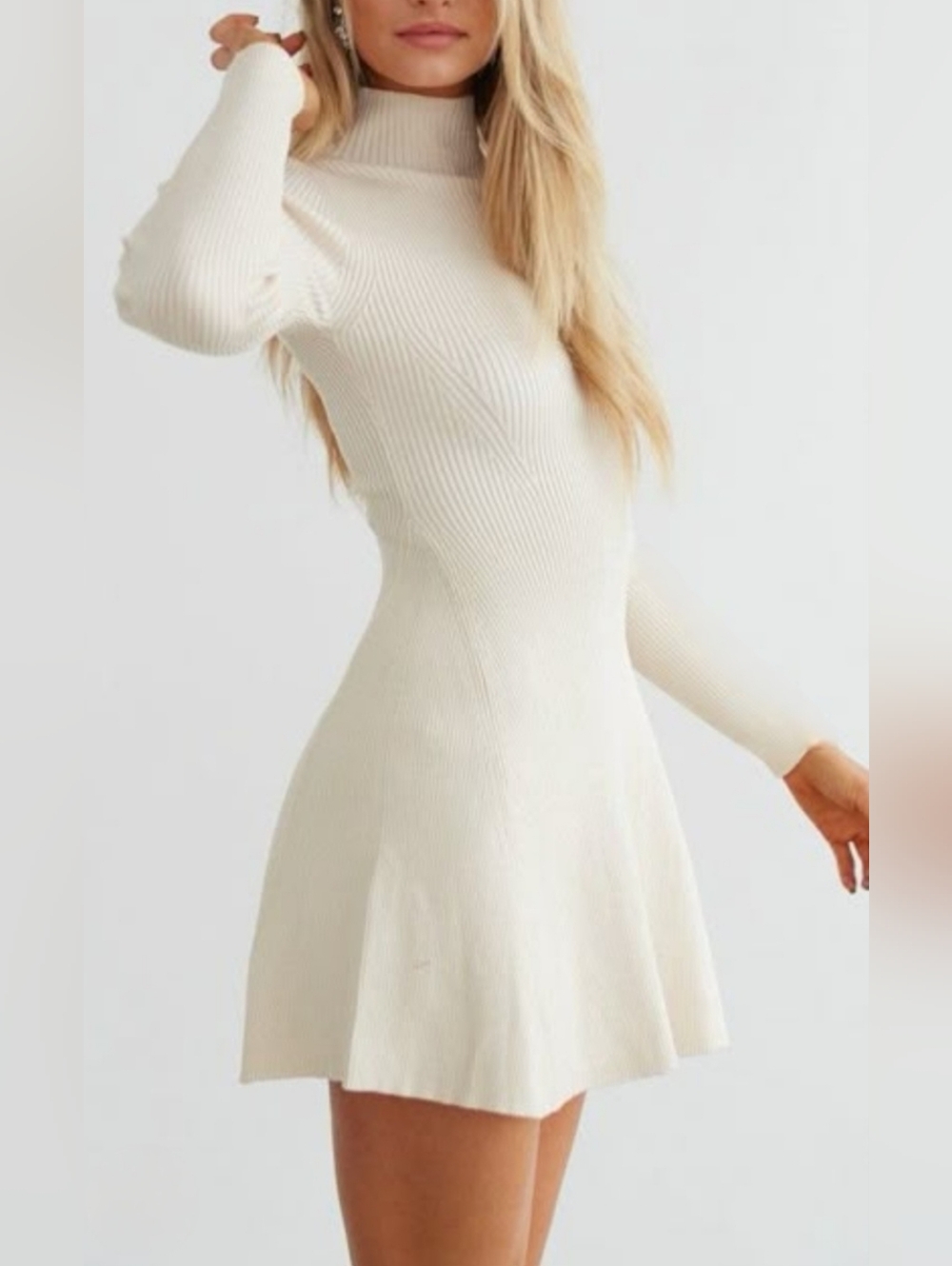 Zara Ribbed Turtleneck Long-Sleeve Cream Knit Dress - Medium - New